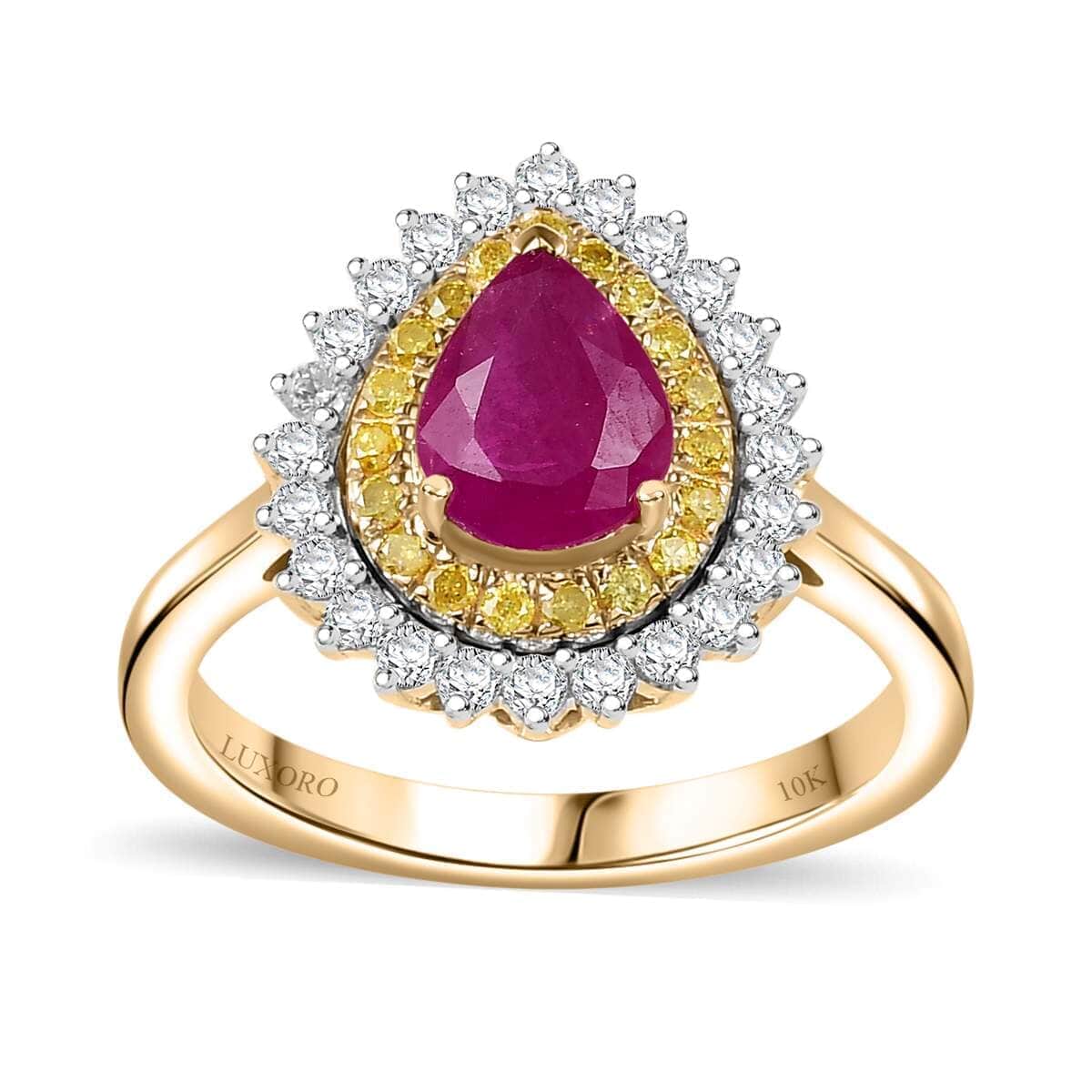 Certified & Appraised Luxoro 10K Yellow Gold AAA Royal Ruby, Yellow Diamond, White Diamond (G-H, I2) (0.55 cts) Ring (Size 6.0) (4.00 g) 1.93 ctw image number 0