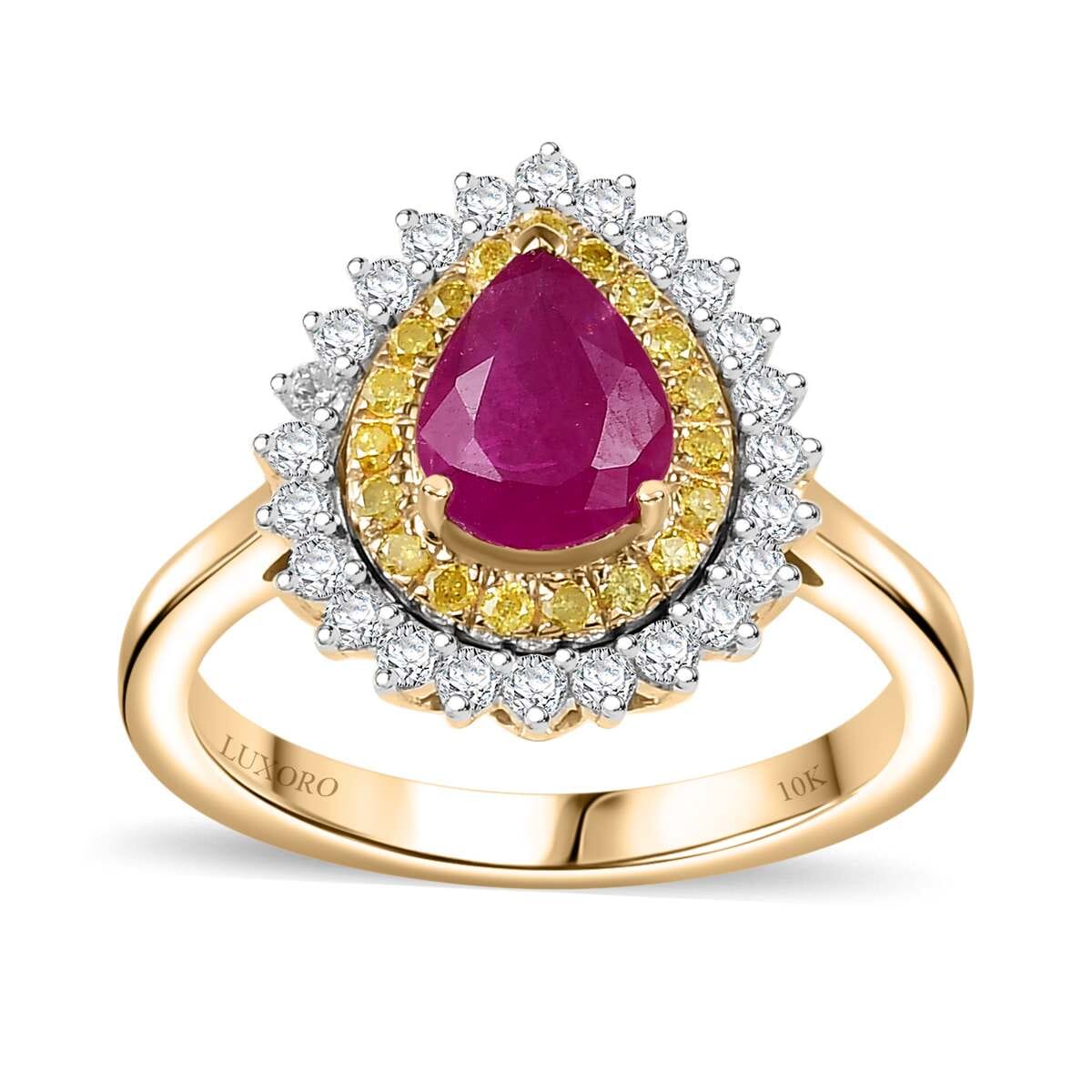 Certified & Appraised Luxoro AAA Royal Ruby, I2 Yellow and White Diamond 1.93 ctw Ring in 10K Yellow Gold (Size 6.0) 4 Grams image number 0