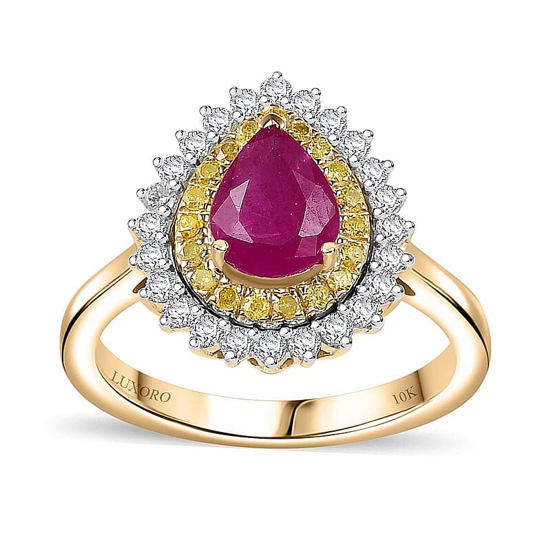 Certified & Appraised Luxoro AAA Royal Ruby, I2 Yellow and White Diamond 1.93 ctw Ring in 10K Yellow Gold (Size 6.0) 4 Grams
