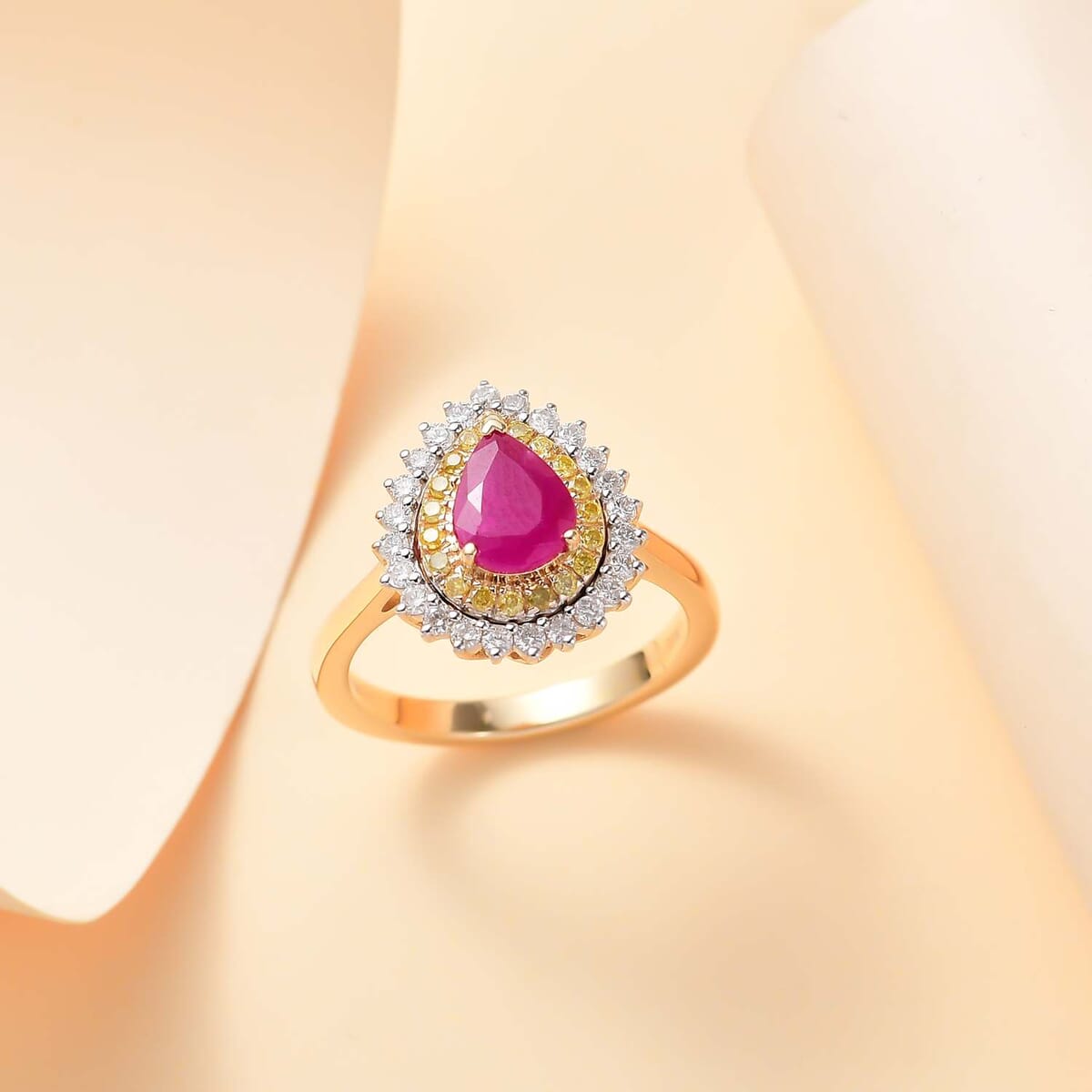 Certified & Appraised Luxoro AAA Royal Ruby, I2 Yellow and White Diamond 1.93 ctw Ring in 10K Yellow Gold (Size 6.0) 4 Grams image number 1