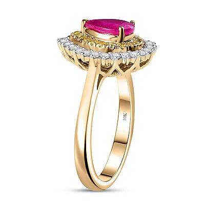 Certified & Appraised Luxoro AAA Royal Ruby, I2 Yellow and White Diamond 1.93 ctw Ring in 10K Yellow Gold (Size 6.0) 4 Grams