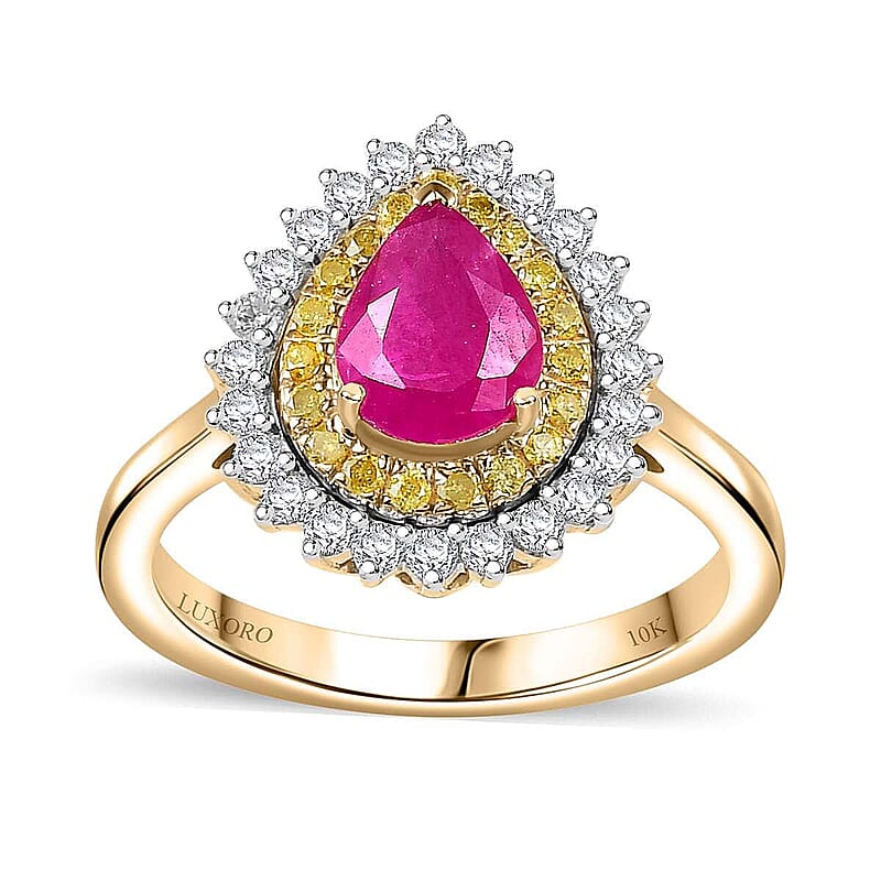 Certified & Appraised Luxoro AAA Royal Ruby, I2 Yellow and White Diamond 1.93 ctw Ring in 10K Yellow Gold (Size 7.0) 4 Grams