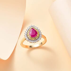 Certified & Appraised Luxoro AAA Royal Ruby, I2 Yellow and White Diamond 1.93 ctw Ring in 10K Yellow Gold (Size 7.0) 4 Grams