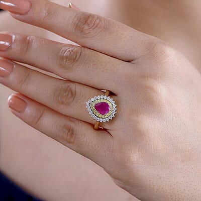 Certified & Appraised Luxoro AAA Royal Ruby, I2 Yellow and White Diamond 1.93 ctw Ring in 10K Yellow Gold (Size 8.0) 4 Grams
