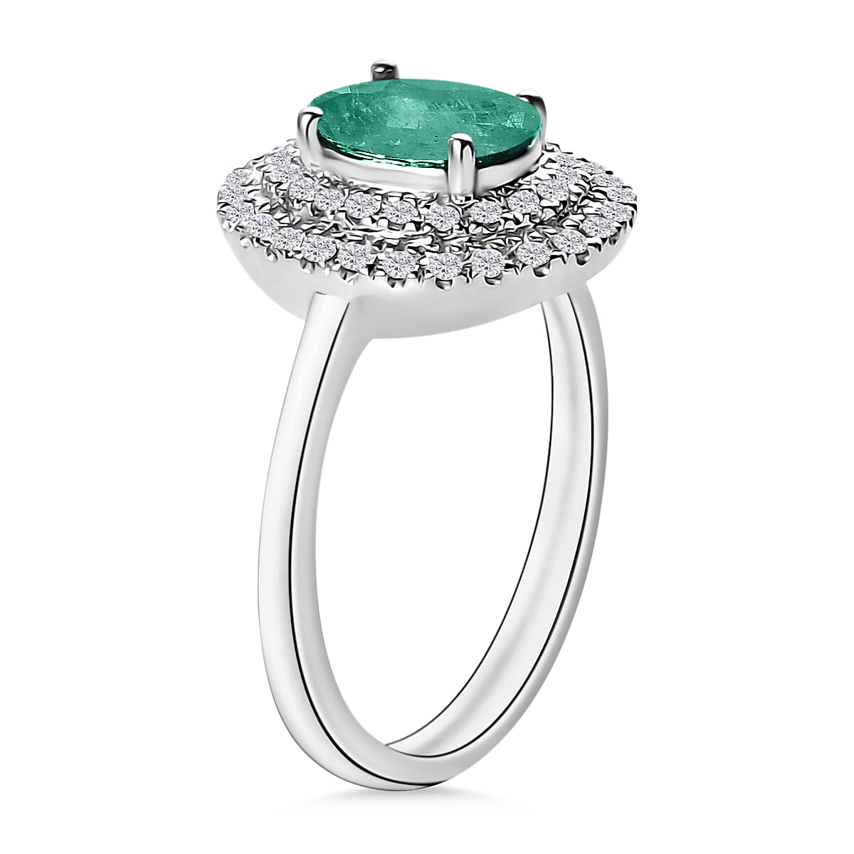 Luxoro Premium Kagem Zambian Emerald and G-H I1 Diamond 1.45 ctw Double Halo Ring in 14K White Gold (Size 10.0) (Del. in 10-12 Days) image number 2