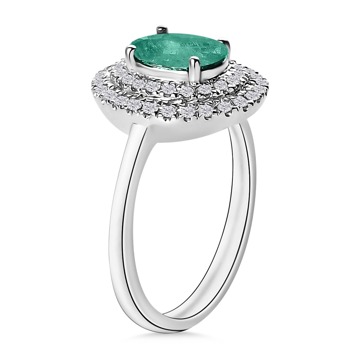 Luxoro Premium Kagem Zambian Emerald and G-H I1 Diamond 1.45 ctw Double Halo Ring in 14K White Gold (Size 11.0) (Del. in 10-12 Days) image number 2