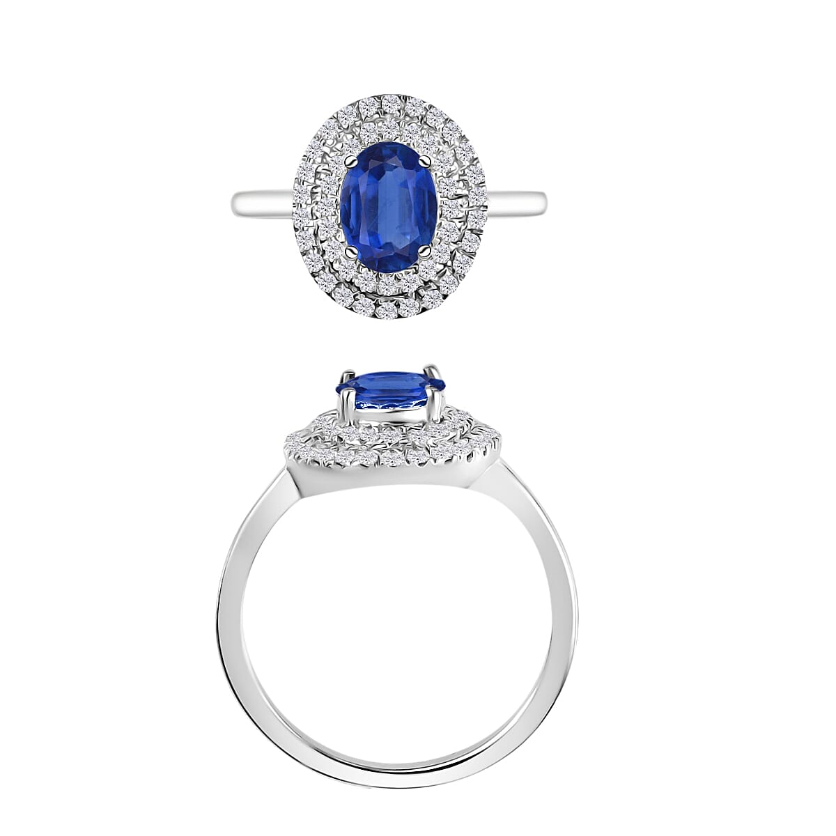 Luxoro Premium Kanchanaburi Blue Sapphire and G-H I1 Diamond 1.65 ctw Double Halo Ring in 14K White Gold (Size 7.5) (Del. in 10-12 Days) image number 3