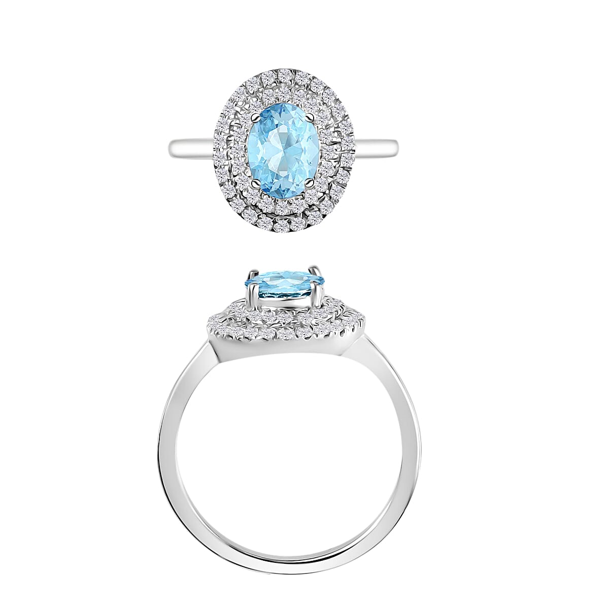 Luxoro Premium Mangoro Aquamarine and G-H I1 Diamond 1.60 ctw Double Halo Ring in 14K White Gold (Size 5.0) (Del. in 10-12 Days) image number 3