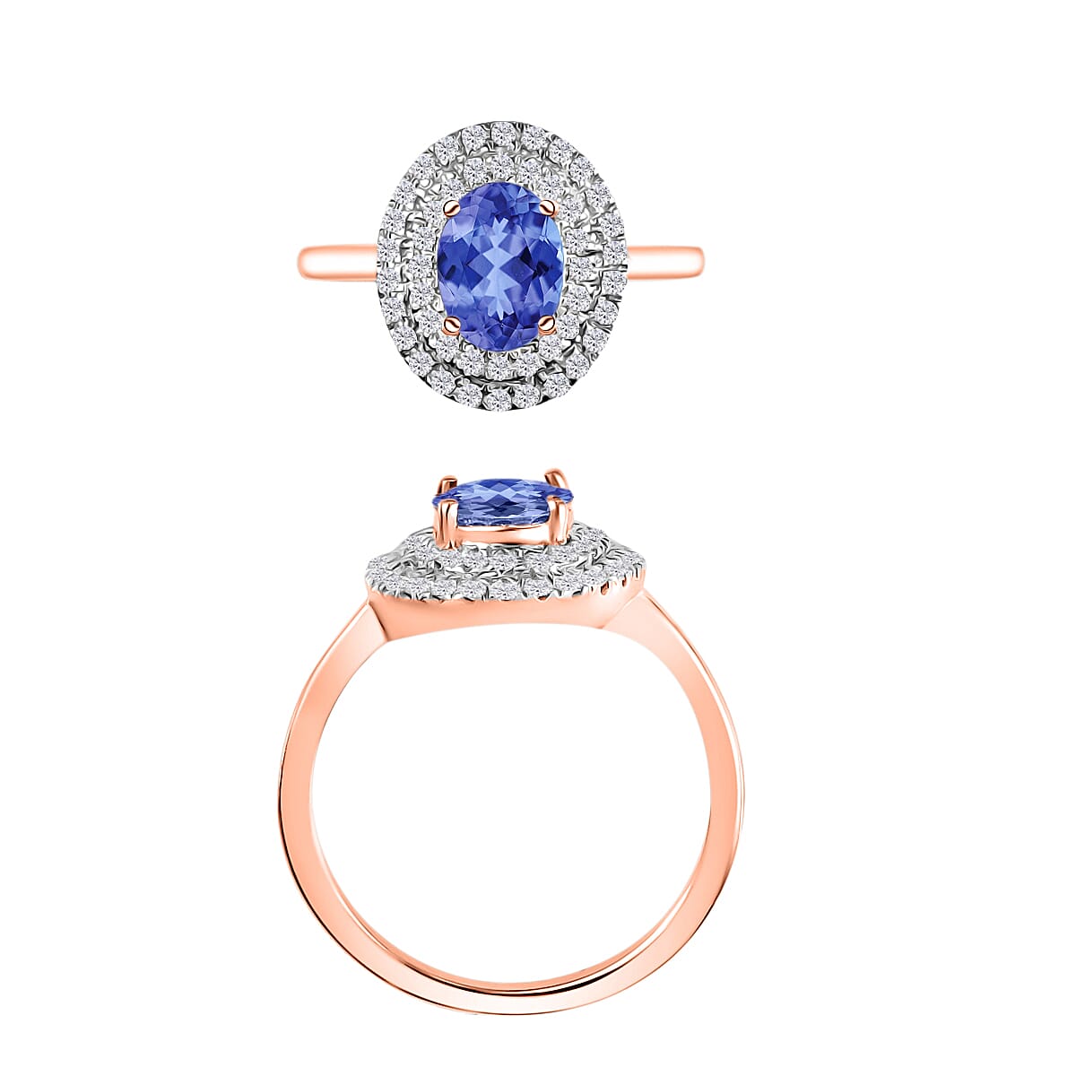 Luxoro Premium Tanzanite and G-H I1 Diamond 1.60 ctw Double Halo Ring in 14K Rose Gold (Size 6.0) (Del. in 10-12 Days) image number 3