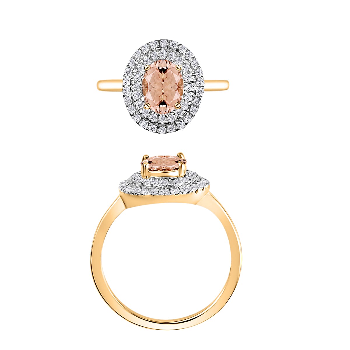 Luxoro Premium Marropino Morganite and G-H I1 Diamond 1.60 ctw Double Halo Ring in 14K Yellow Gold (Size 10.0) (Del. in 10-12 Days) image number 3