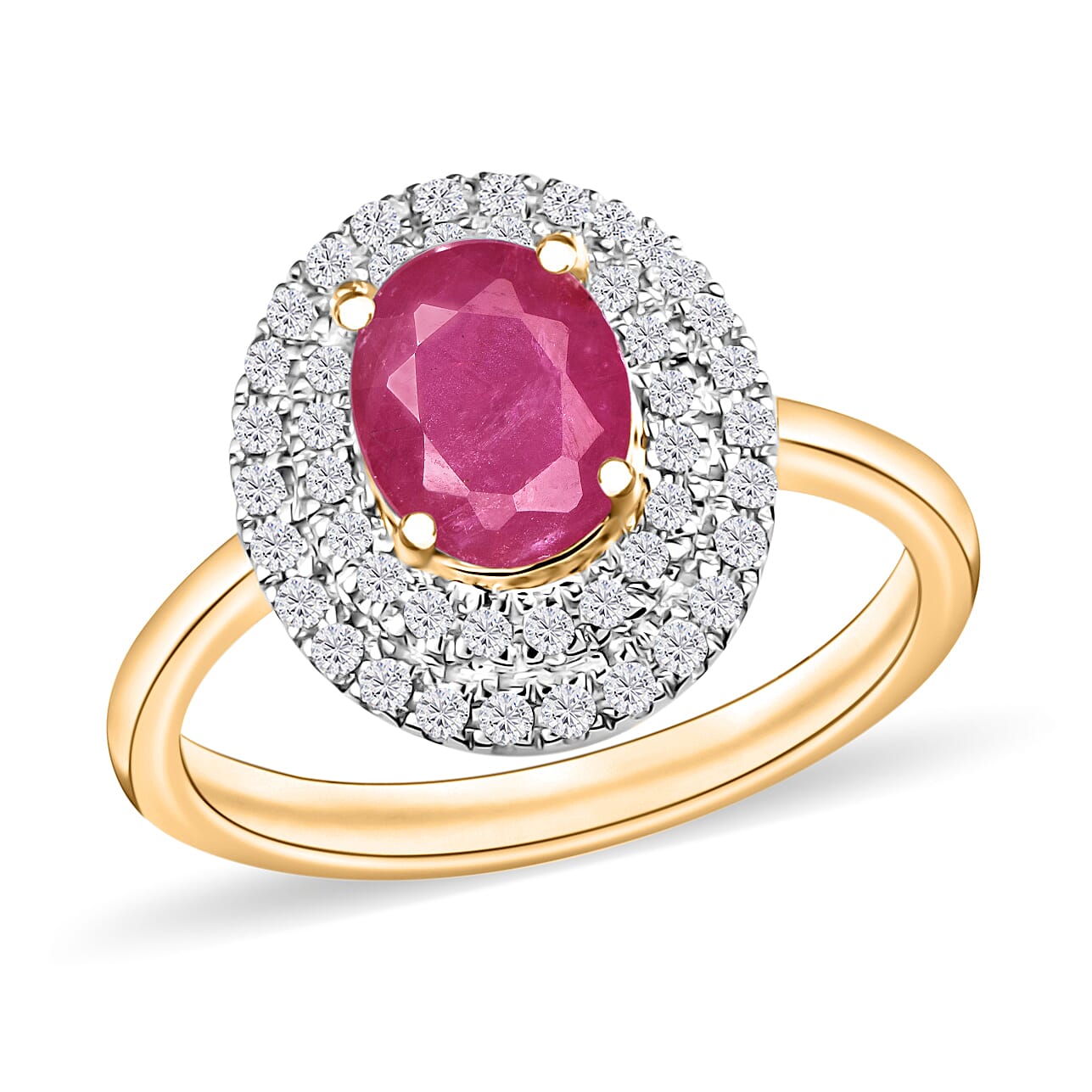 Luxoro Premium Mozambique Ruby and G-H I1 Diamond 1.85 ctw Double Halo Ring in 14K Yellow Gold (Size 5.5)
