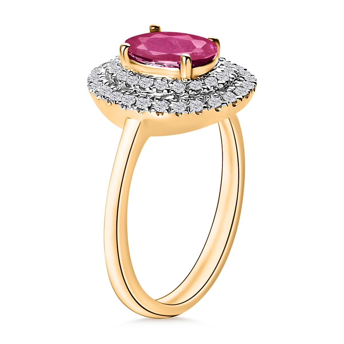 Luxoro Premium Mozambique Ruby and G-H I1 Diamond 1.85 ctw Double Halo Ring in 14K Yellow Gold (Size 5.5)