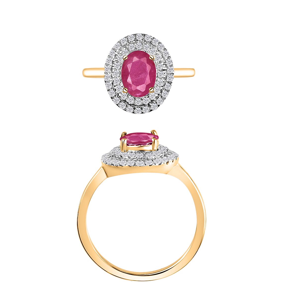 Luxoro Premium Mozambique Ruby and G-H I1 Diamond 1.85 ctw Double Halo Ring in 14K Yellow Gold (Size 5.5)