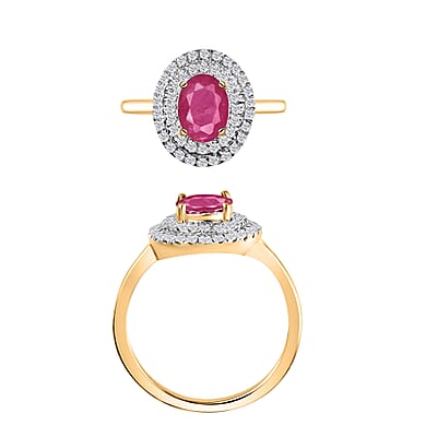 Luxoro Premium Mozambique Ruby and G-H I1 Diamond 1.85 ctw Double Halo Ring in 14K Yellow Gold (Size 5.5)