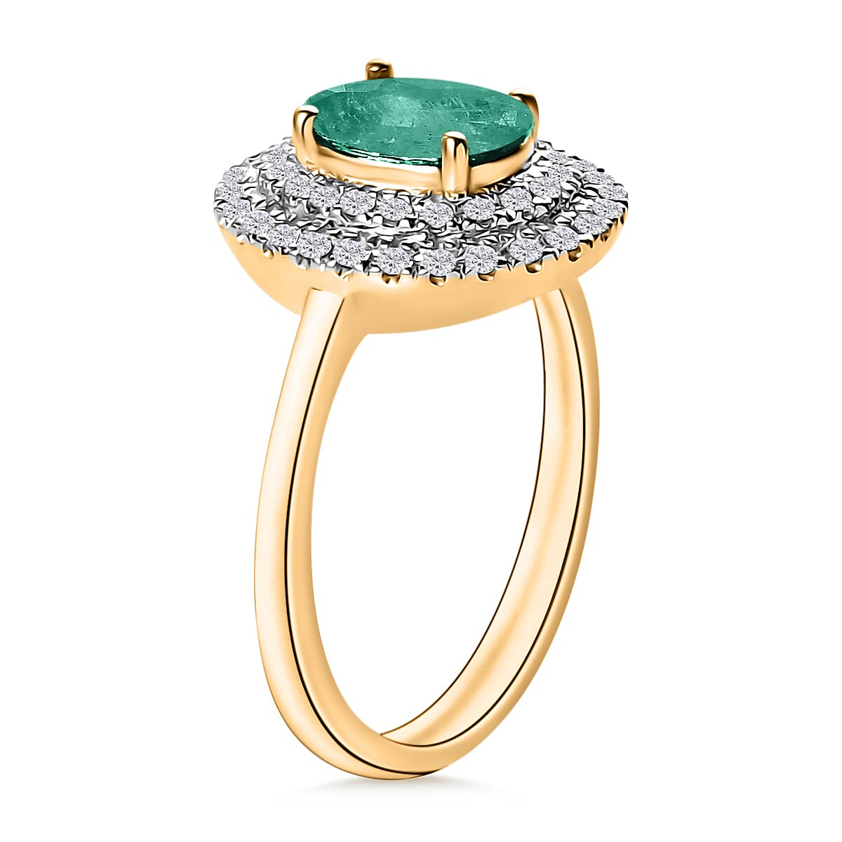 Luxoro Premium Kagem Zambian Emerald and G-H I1 Diamond 1.45 ctw Double Halo Ring in 14K Yellow Gold (Size 4.0) (Del. in 10-12 Days) image number 2