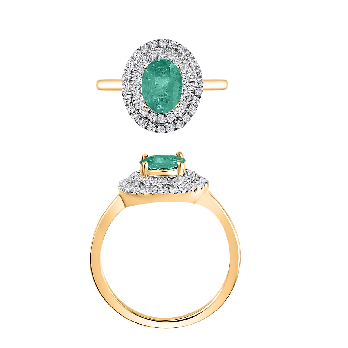 Luxoro Premium Kagem Zambian Emerald and G-H I1 Diamond 1.45 ctw Double Halo Ring in 14K Yellow Gold (Size 7.5) (Del. in 10-12 Days) image number 3