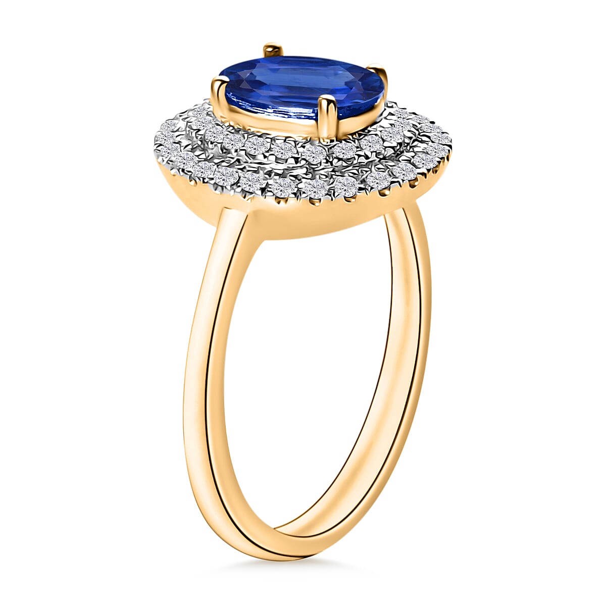 Luxoro Premium Kanchanaburi Blue Sapphire and G-H I1 Diamond 1.65 ctw Double Halo Ring in 14K Yellow Gold (Size 10.0) (Del. in 10-12 Days) image number 2