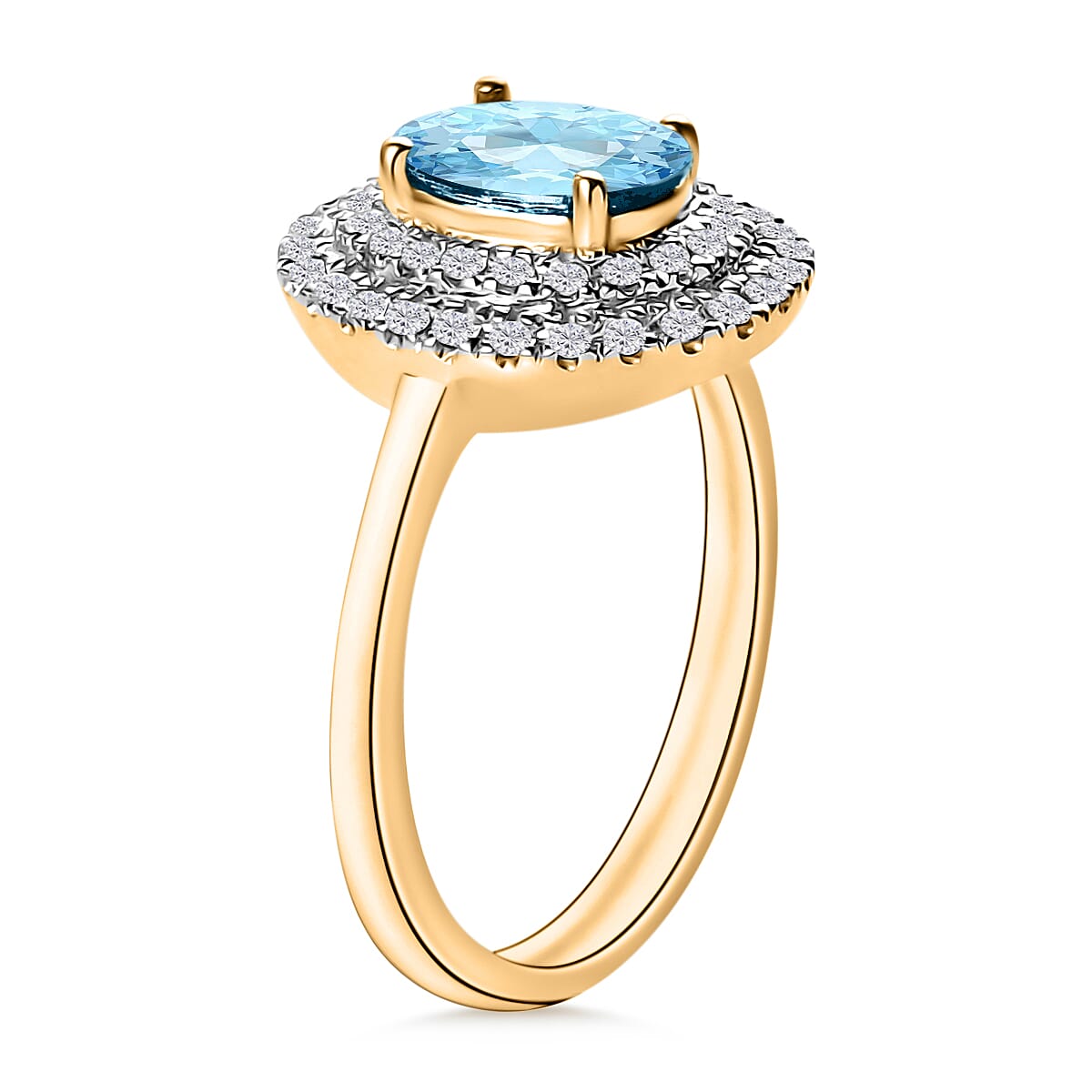 Luxoro Premium Mangoro Aquamarine and G-H I1 Diamond 1.60 ctw Double Halo Ring in 14K Yellow Gold (Size 10.5) (Del. in 10-12 Days) image number 2