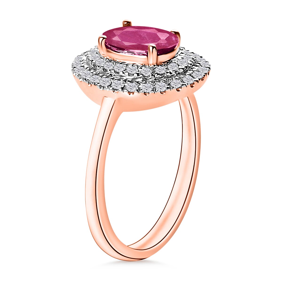 Luxoro Premium Mozambique Ruby and G-H I1 Diamond 1.85 ctw Double Halo Ring in 14K Rose Gold (Size 6.0) (Del. in 10-12 Days) image number 2