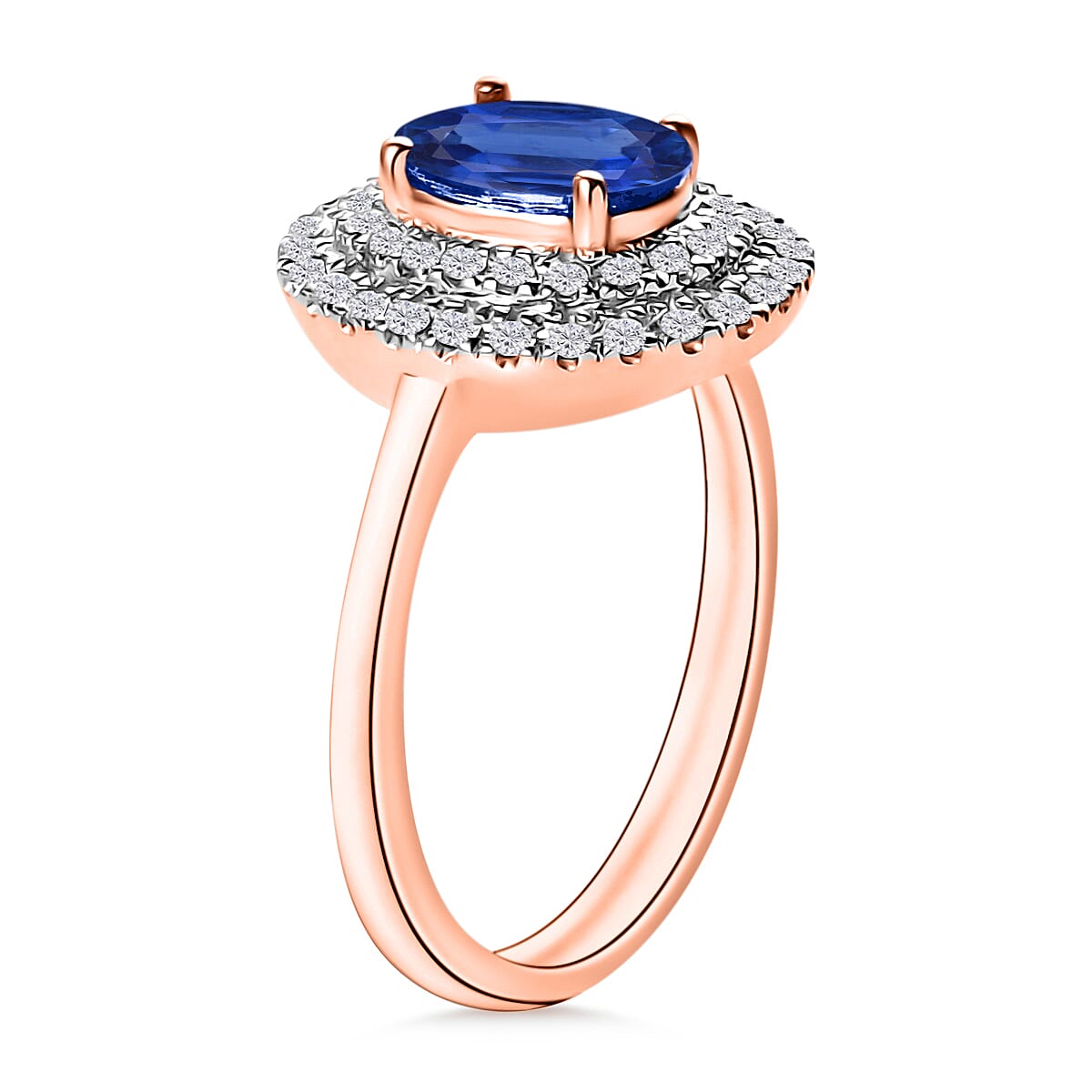 Luxoro Premium Kanchanaburi Blue Sapphire and G-H I1 Diamond 1.65 ctw Double Halo Ring in 14K Rose Gold (Size 6.5) (Del. in 10-12 Days) image number 2