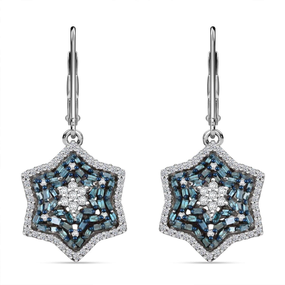 Blue and White Diamond 1.00 ctw Star Earrings in Platinum Over Sterling Silver image number 0