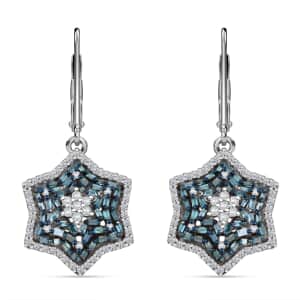 Blue and White Diamond 1.00 ctw Star Earrings in Platinum Over Sterling Silver