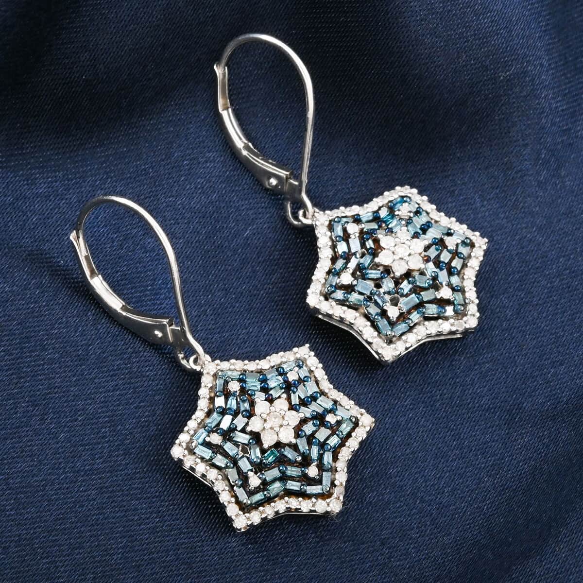 Blue and White Diamond 1.00 ctw Star Earrings in Platinum Over Sterling Silver image number 1