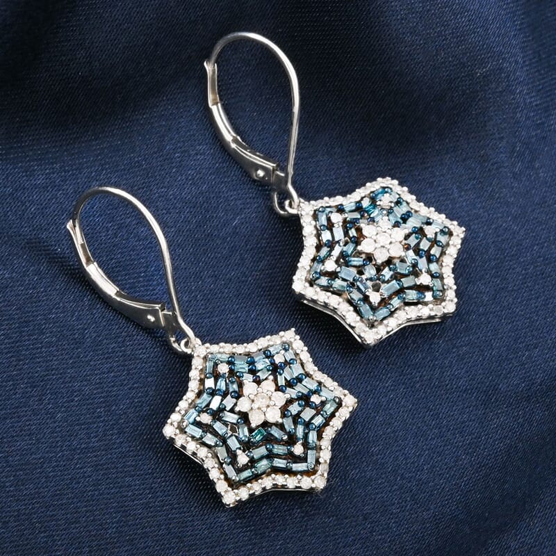 Blue and White Diamond 1.00 ctw Star Earrings in Platinum Over Sterling Silver
