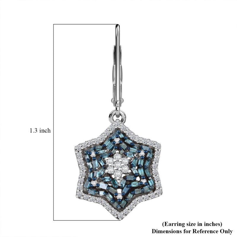 Blue and White Diamond 1.00 ctw Star Earrings in Platinum Over Sterling Silver