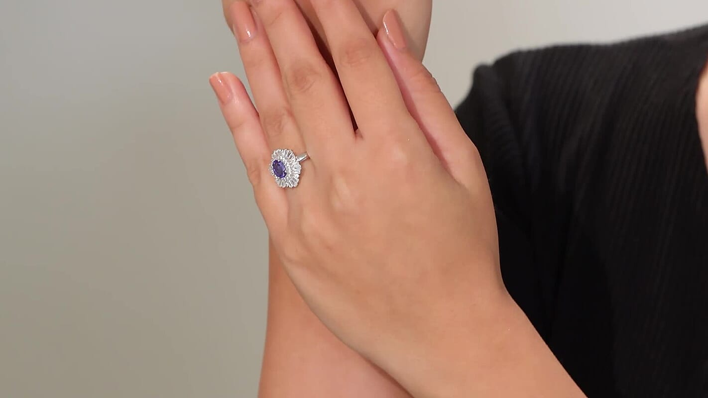 Tanzanite and White Zircon Ring in Rhodium Over Sterling Silver (Size 10.0) 2.85 ctw