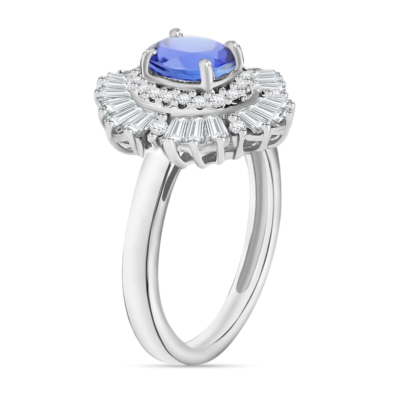 Tanzanite and White Zircon 2.85 ctw Ring in Rhodium Over Sterling Silver (Size  6.5)