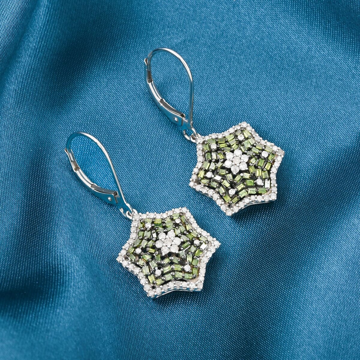 Green and White Diamond 1.00 ctw Star Earrings in Platinum Over Sterling Silver image number 1