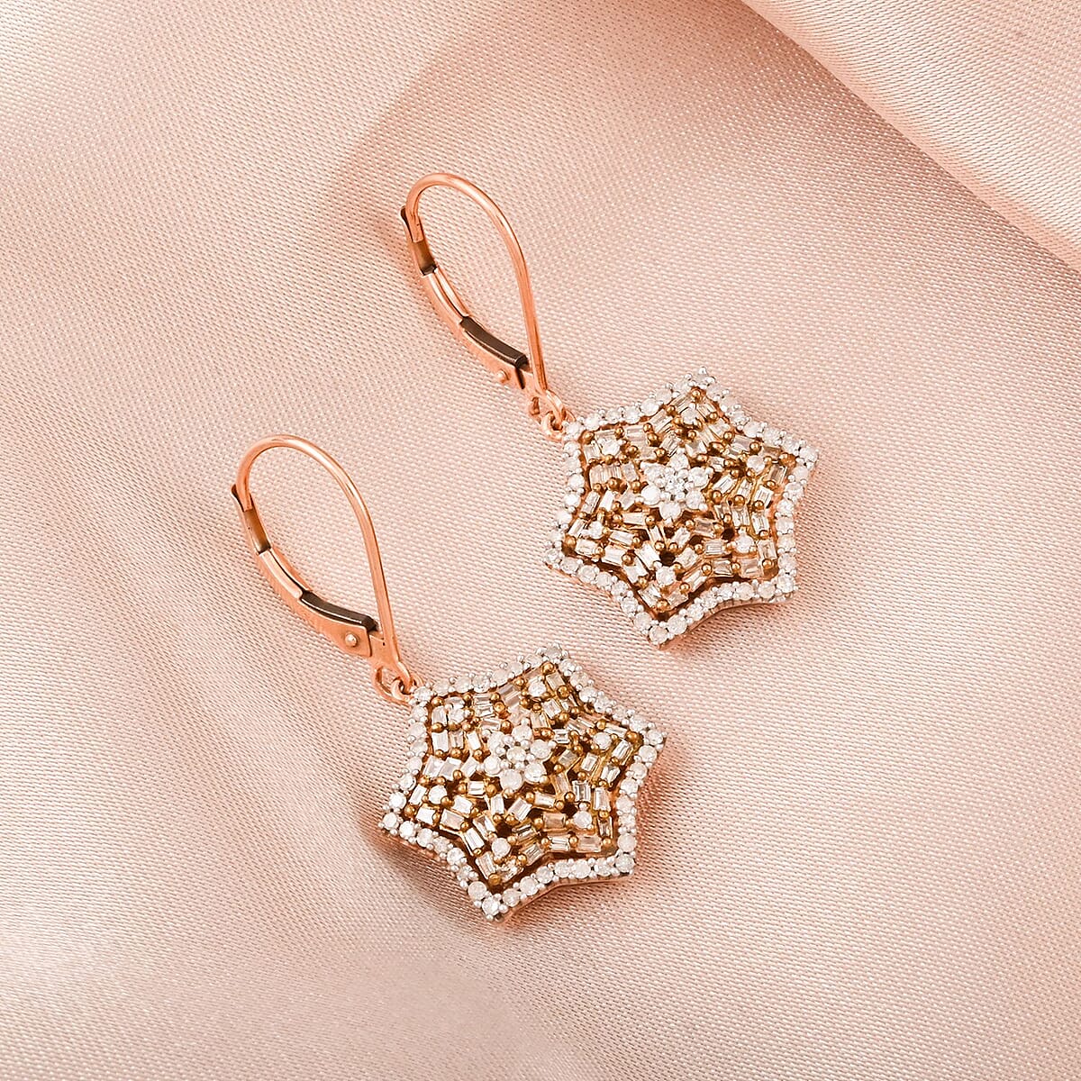 Natural Champagne and White Diamond 1.00 ctw Star Earrings in Vermeil Rose Gold Over Sterling Silver image number 1