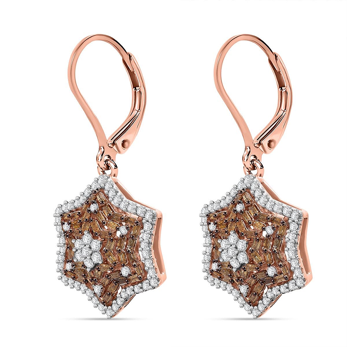 Natural Champagne and White Diamond 1.00 ctw Star Earrings in Vermeil Rose Gold Over Sterling Silver image number 3