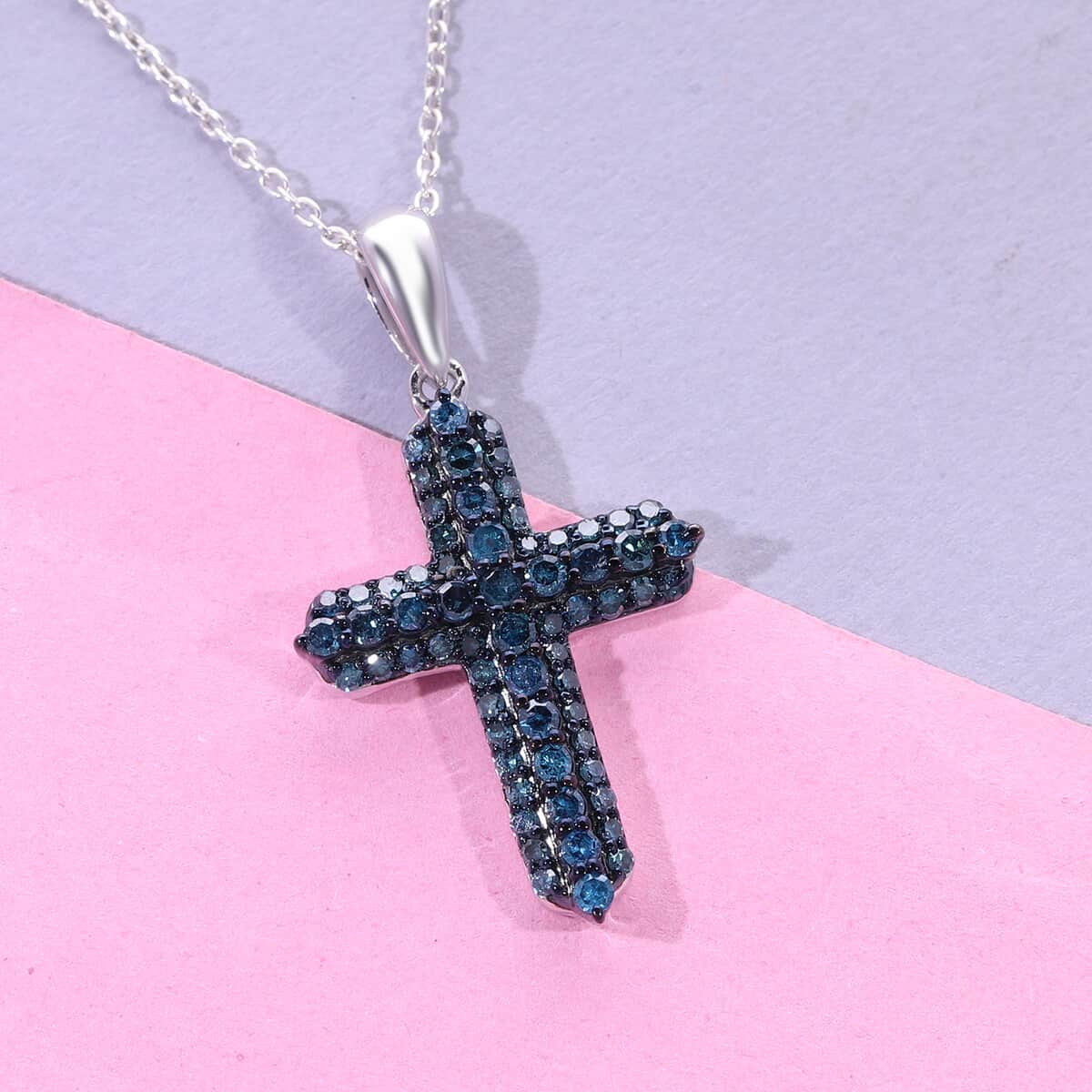 Doorbuster Blue Diamond 0.50 ctw Cross Pendant in Platinum Over Sterling Silver image number 1