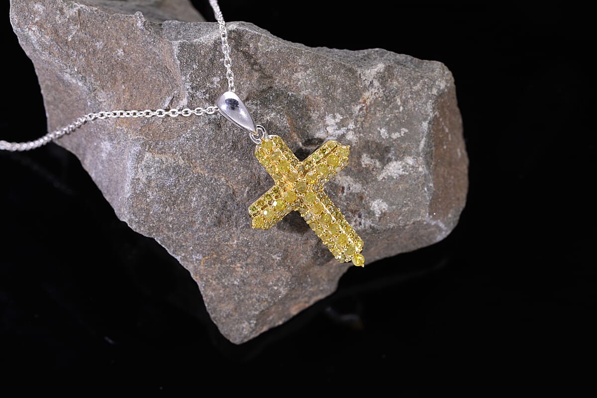 Yellow Diamond 0.50 ctw Cross Pendant without Chain in Platinum Over Sterling Silver image number 2