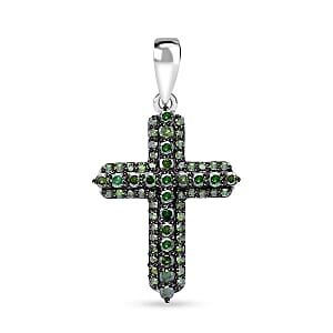 Green Diamond 0.50 ctw Cross Pendant without Chain in Platinum Over Sterling Silver