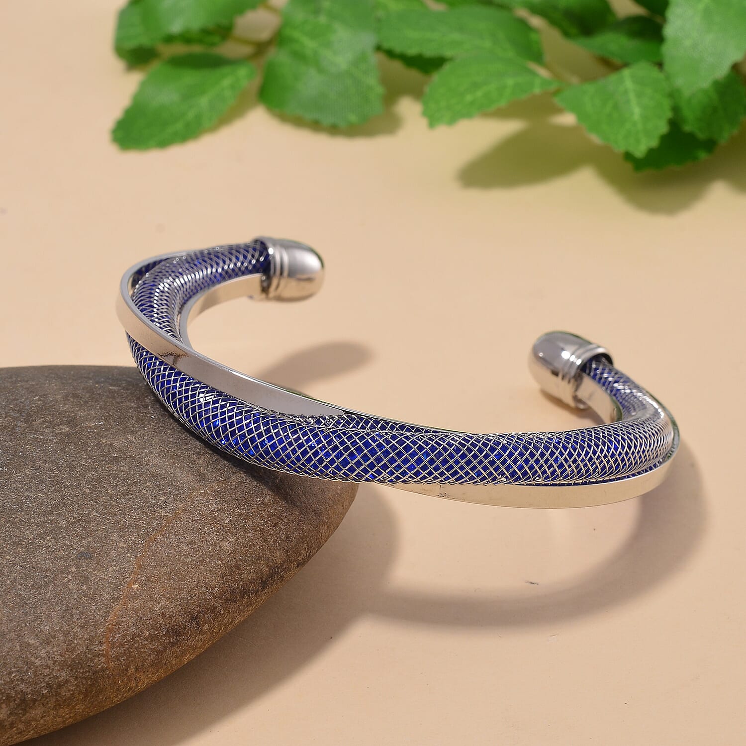 Sparkly Blue Austrian Crystal Infinity Cuff Bracelet in Silvertone (Size 7.00 In)