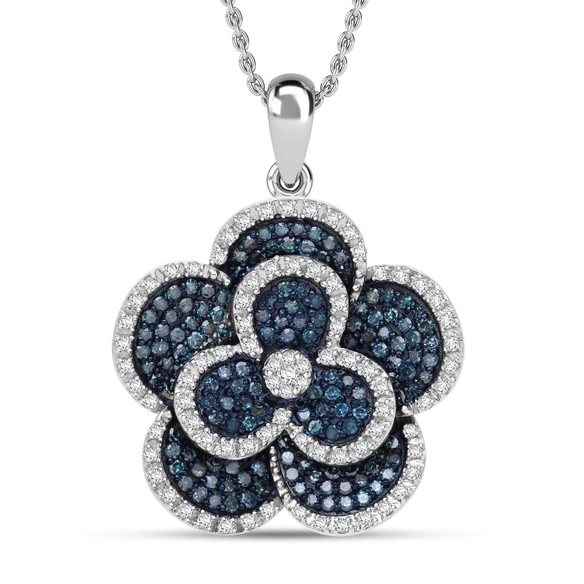 Blue and White Diamond 1.00 ctw Enchanted Bloom Pendant in Platinum Over Sterling Silver image number 0