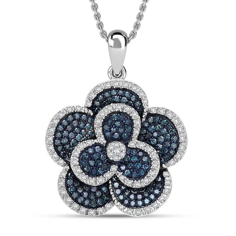 Blue and White Diamond 1.00 ctw Enchanted Bloom Pendant without Chain in Platinum Over Sterling Silver
