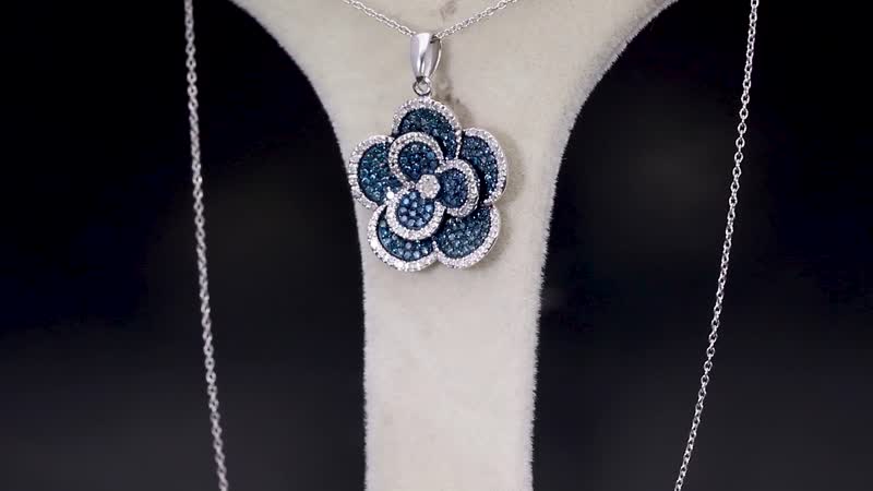 Doorbuster White and Blue Diamond (IR) Floral Pendant in Platinum Over Sterling Silver 1.00 ctw