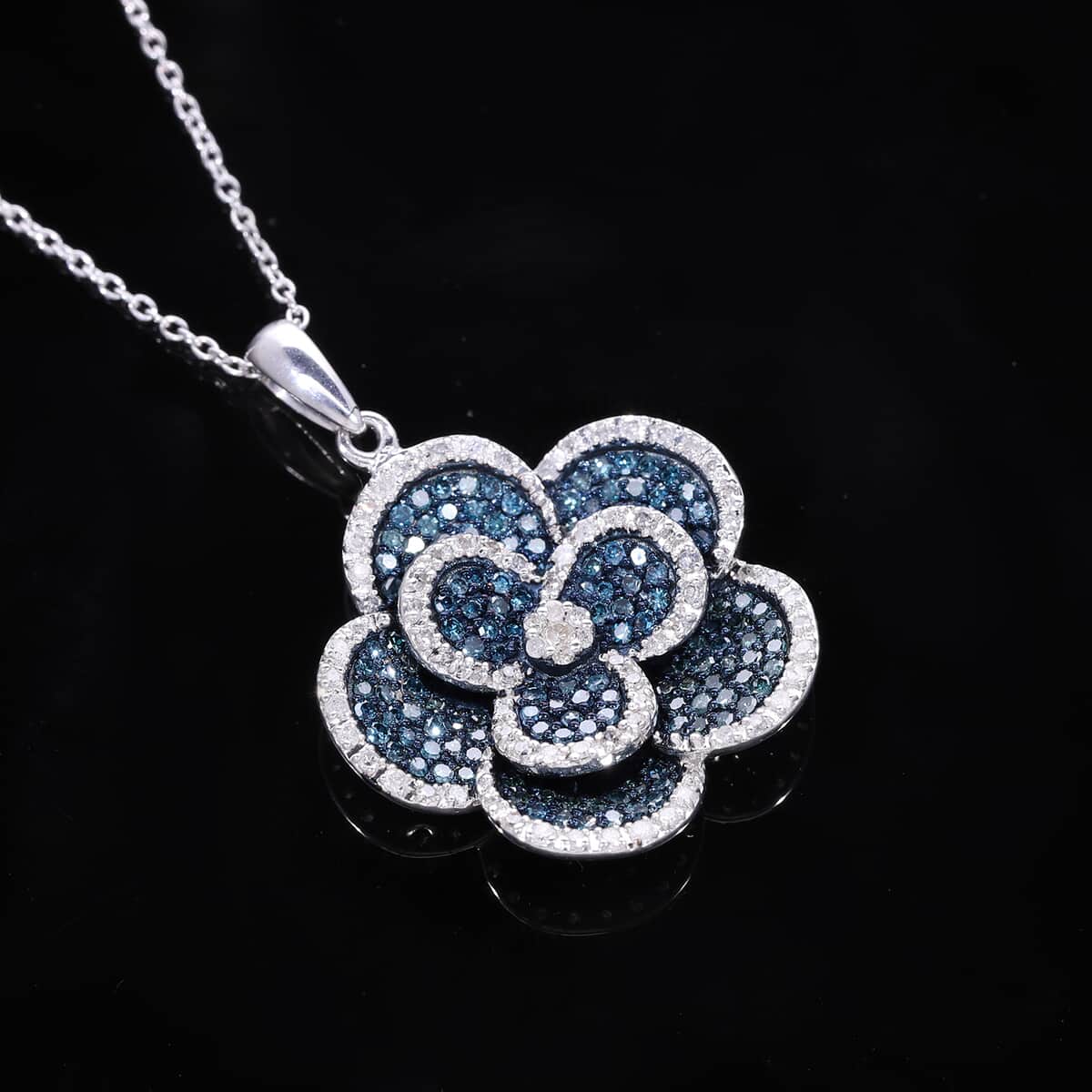 Blue and White Diamond 1.00 ctw Enchanted Bloom Pendant in Platinum Over Sterling Silver image number 2