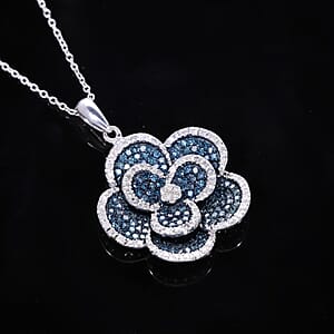 Blue and White Diamond 1.00 ctw Enchanted Bloom Pendant without Chain in Platinum Over Sterling Silver