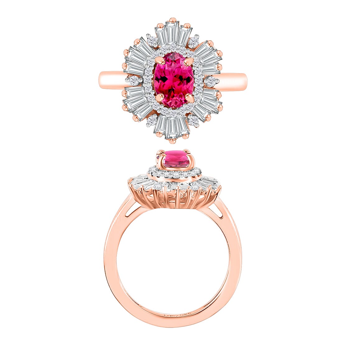 Ouro Fino Rubellite and White Zircon 2.90 ctw Ring in 18K Vermeil Rose Gold Over Sterling Silver (Size  10.0)