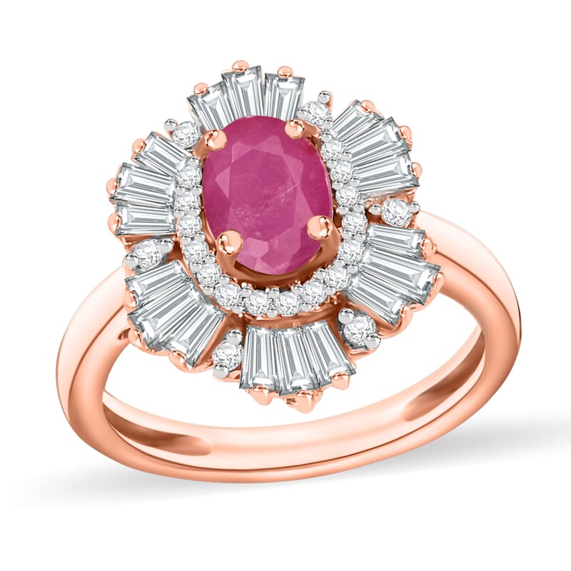 Mozambique Ruby and White Zircon 3.15 ctw Snowflake Ring in 18K Vermeil Rose Gold Over Sterling Silver (Size 10.0)