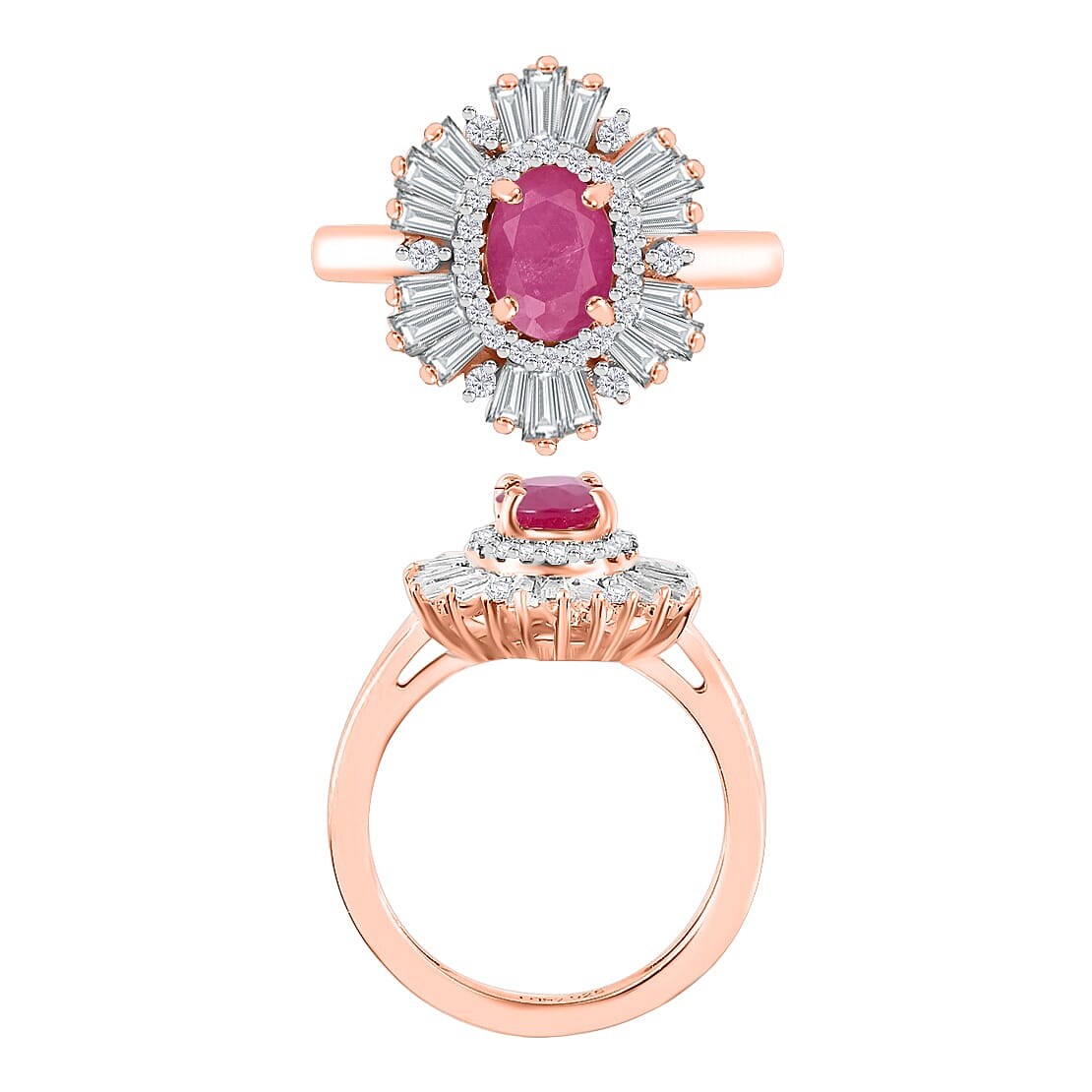 Mozambique Ruby and White Zircon 3.15 ctw Snowflake Ring in 18K Vermeil Rose Gold Over Sterling Silver (Size 10.0)