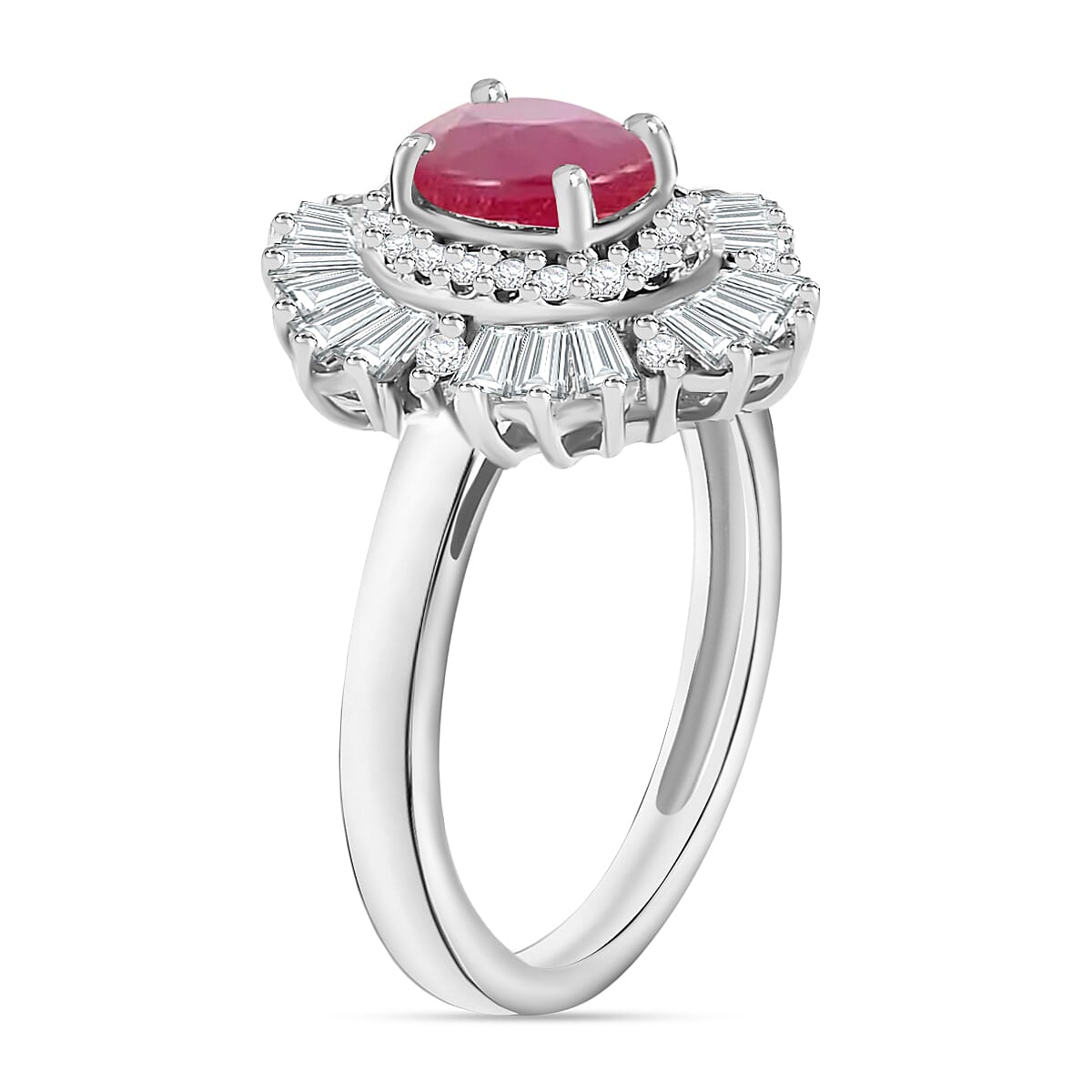 D'Joy Mozambique Ruby and White Zircon Snowflake Ring in Rhodium Over Sterling Silver 3.15 ctw (Size 9.0) (Del. In 10-12 Days) image number 2