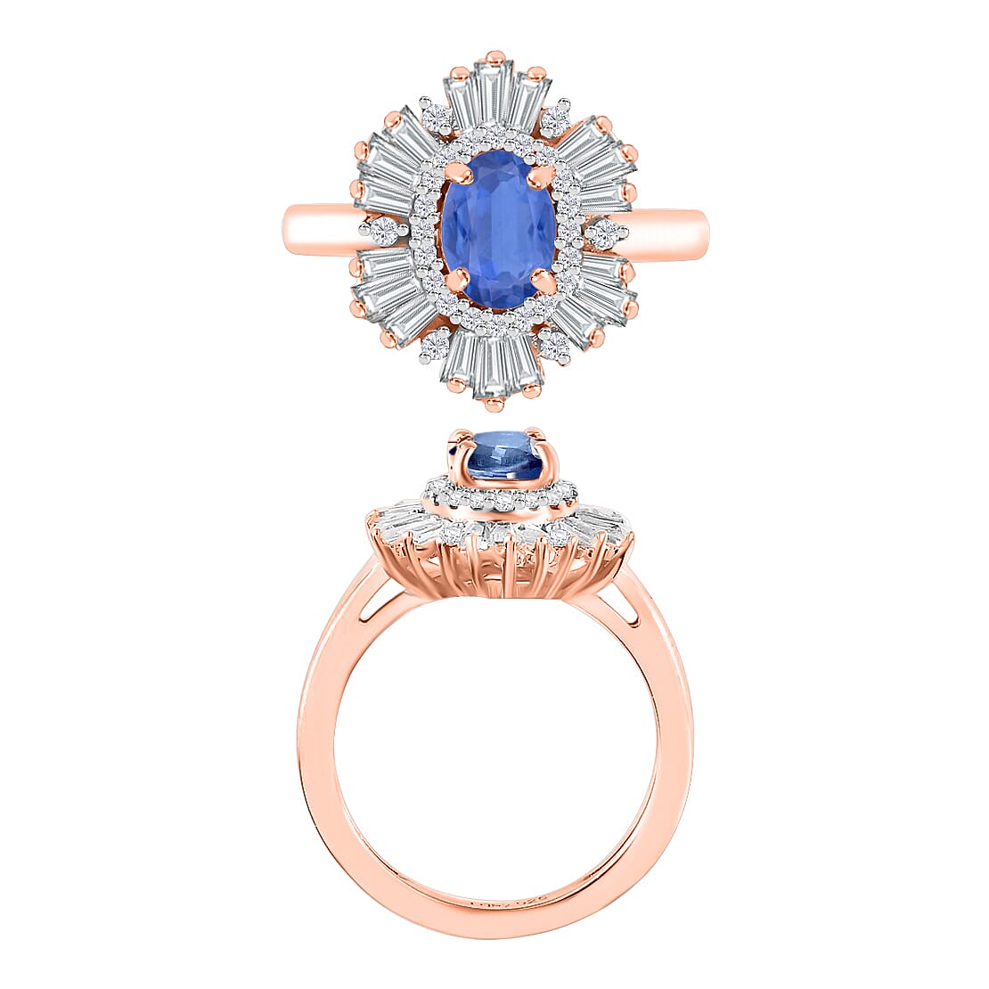 Kanchanaburi Blue Sapphire and White Zircon 3.05 ctw Ring in 18K Vermeil Rose Gold Over Sterling Silver (Size  10.0)