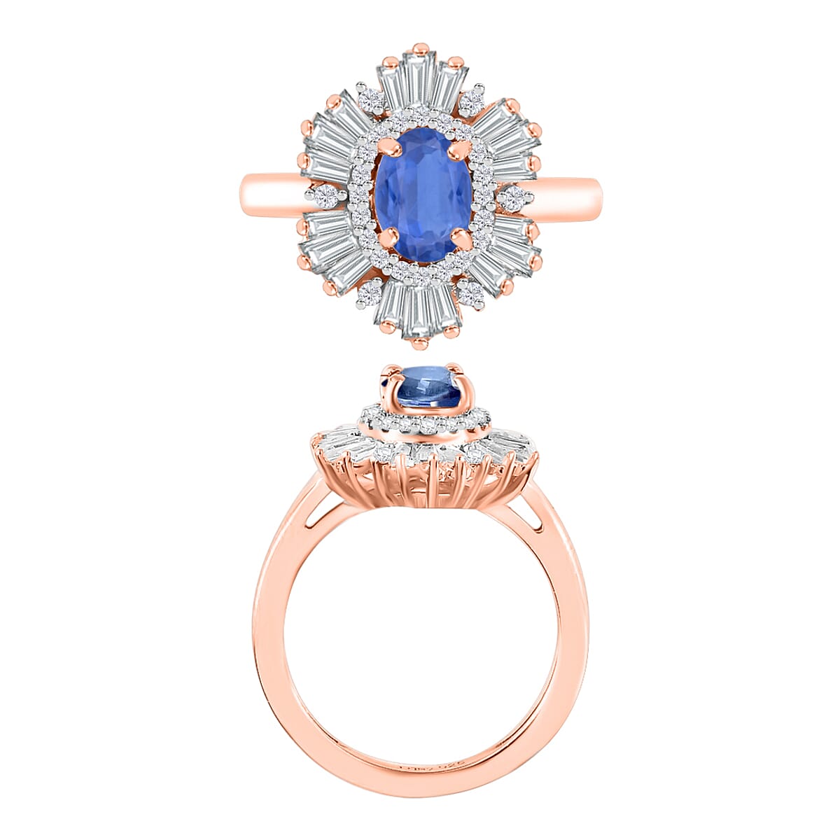 Kanchanaburi Blue Sapphire and White Zircon 3.05 ctw Ring in 18K Vermeil Rose Gold Over Sterling Silver (Size  6.0) (Del. in 10-12 Days) image number 3