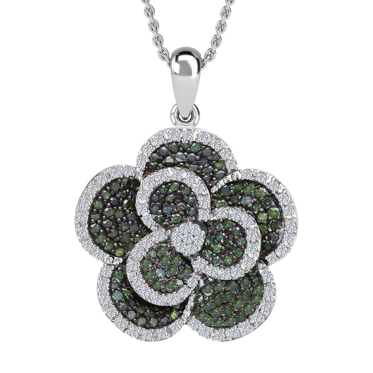 Green and White Diamond 1.00 ctw Enchanted Bloom Pendant in Platinum Over Sterling Silver image number 0